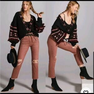 Pilcro Anthropologie The Vintage Straight Leg Distressed Raw Hem Cropped Pink 28